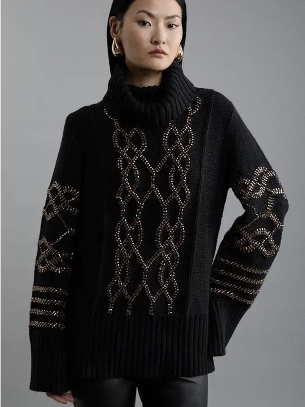 Karen Millen Beaded Turtleneck Sweater in Black Size XS Like New